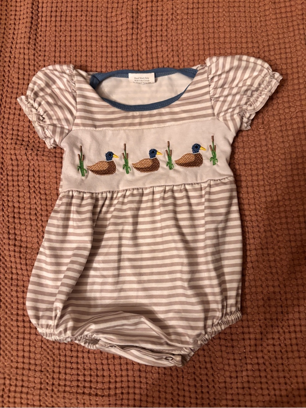 Striped Baby Bubble Romper with Duck Embroidery - Cream & Blue Trim